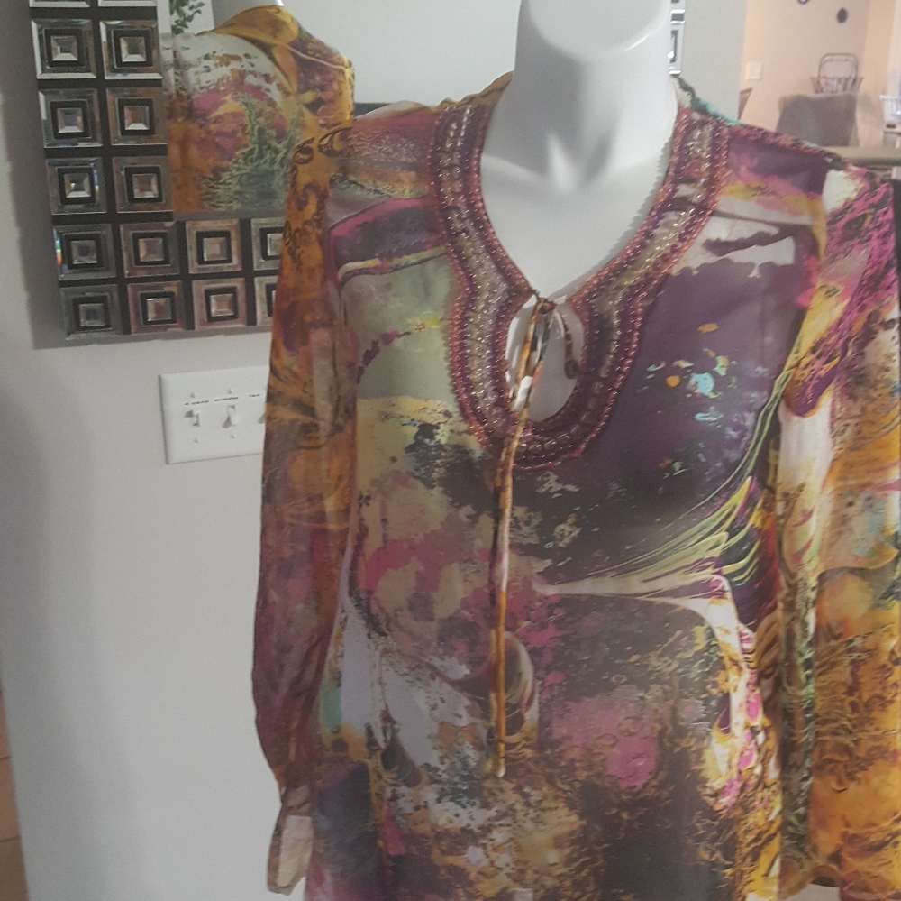 Azi. Sheer beaded tunic.  Med
